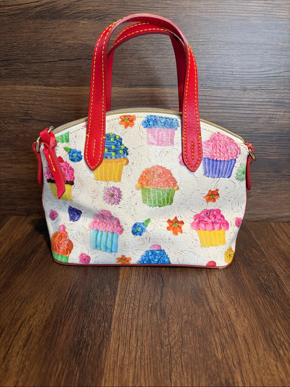 Dooney & Bourke White Cupcake Print Satchel with Red Handles - Picture 2 of 4